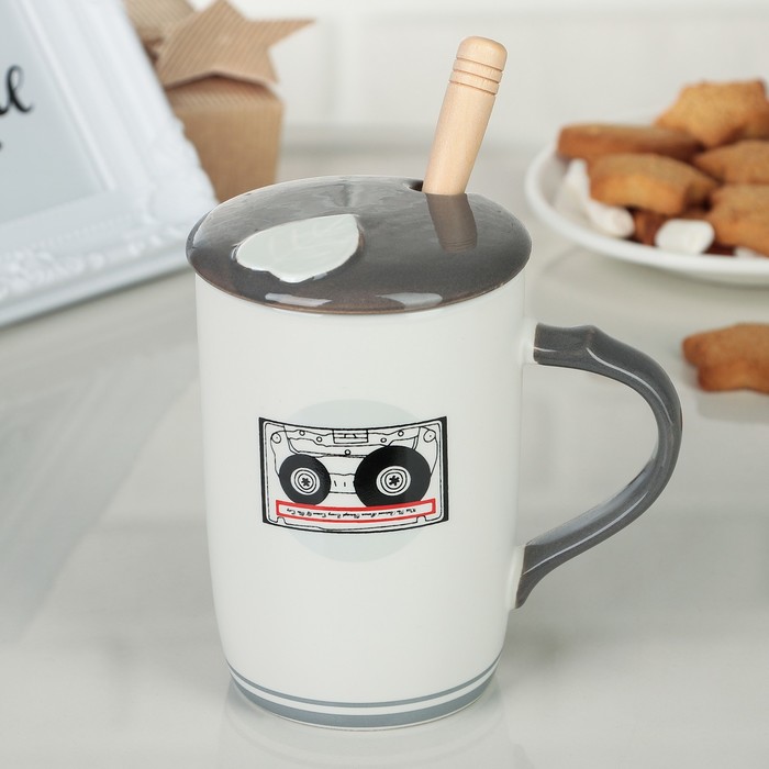 Кружка 350 мл "Музыка", с керамической крышкой и ложкой, рисунок МИКС