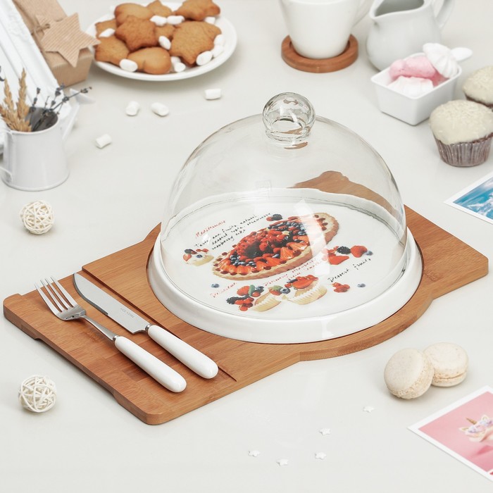 Набор для подачи блюд "Эстет": керамический поднос, вилка, нож, на деревянной подставке