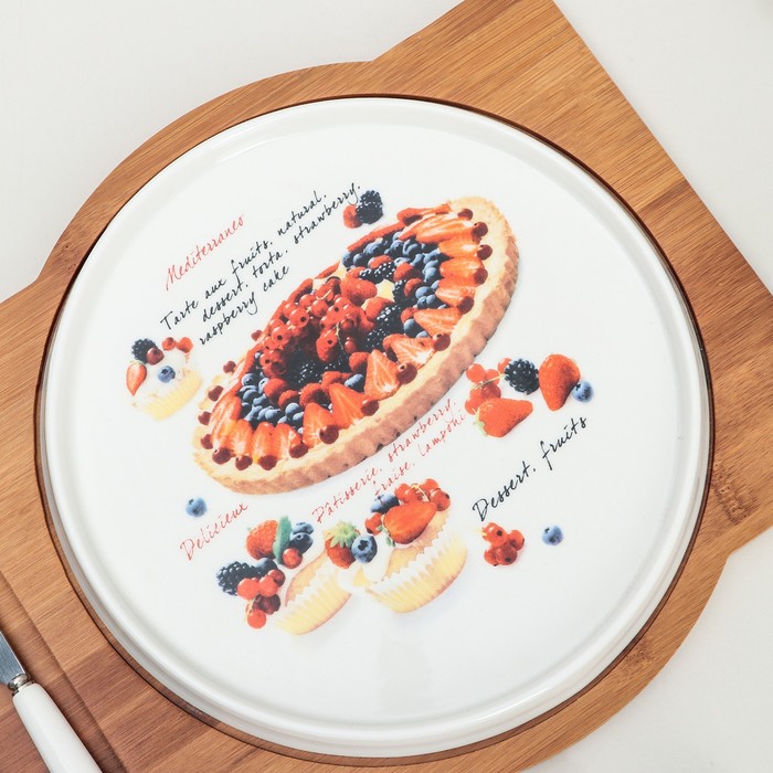 Набор для подачи блюд "Эстет": керамический поднос, вилка, нож, на деревянной подставке