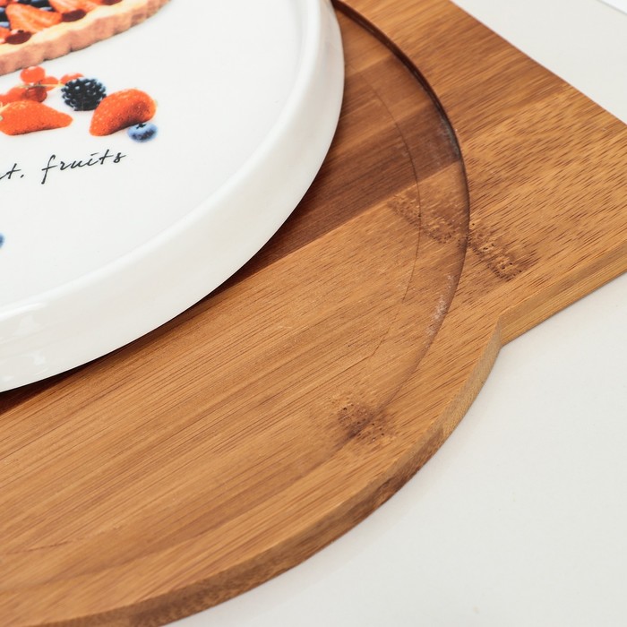 Набор для подачи блюд "Эстет": керамический поднос, вилка, нож, на деревянной подставке