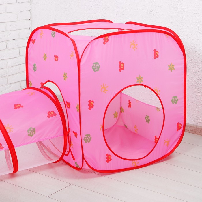Палатка детская игровая квадратная с тонелем и сухим бассейном, розовая, 20 шаров в наборе