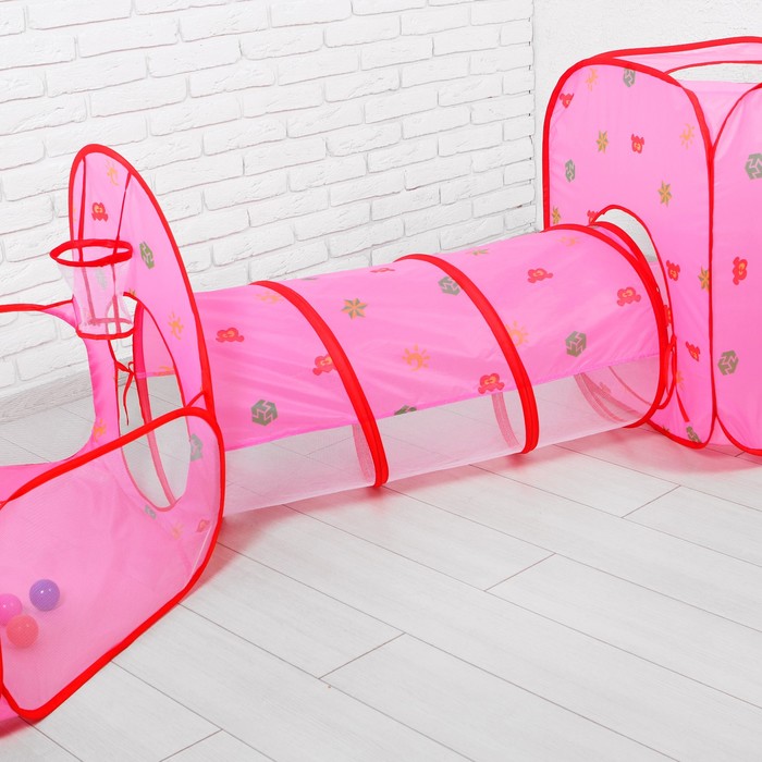 Палатка детская игровая квадратная с тонелем и сухим бассейном, розовая, 20 шаров в наборе