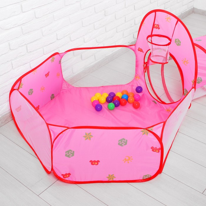 Палатка детская игровая квадратная с тонелем и сухим бассейном, розовая, 20 шаров в наборе