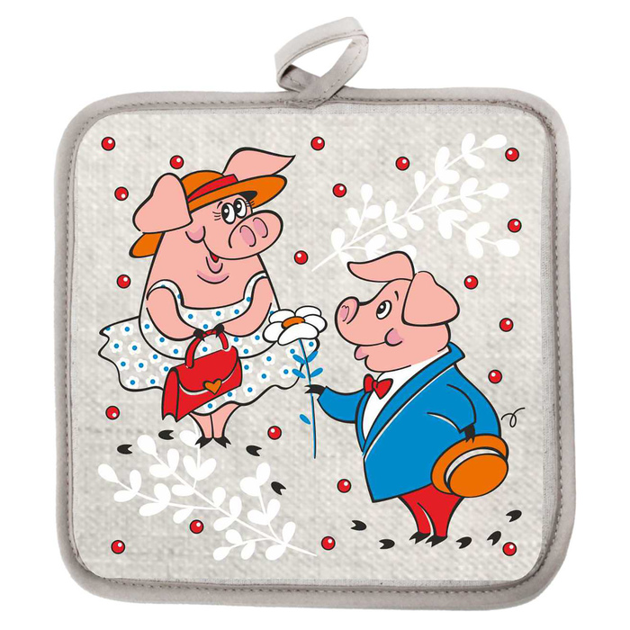 Прихватка полулён "Хрюшкин день" 18х18 см,160 г/м2, 50% лён,50% хлопок, шелкография