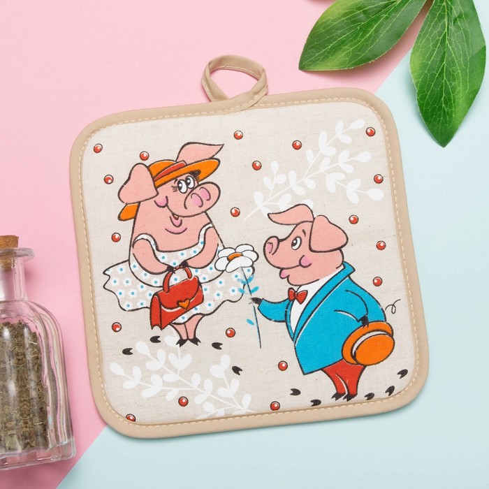 Прихватка полулён "Хрюшкин день" 18х18 см,160 г/м2, 50% лён,50% хлопок, шелкография