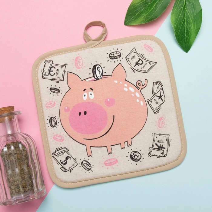 Прихватка полулён "Копилка Хрюша" 18х18 см,160 г/м2, 50% лён,50% хлопок, шелкография