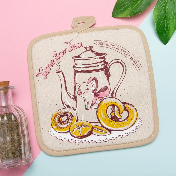 Прихватка полулён "Хрюша с бантиком" 18х18 см,160 г/м2, 50% лён,50% хлопок, шелкография