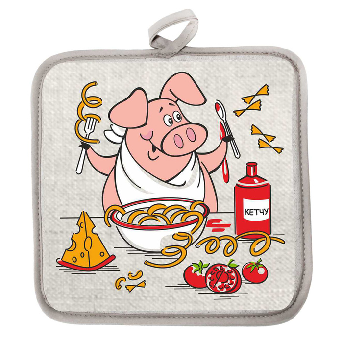 Прихватка полулён "Рецепты Хрюшки" 18х18 см,160 г/м2, 50% лён,50% хлопок, шелкография