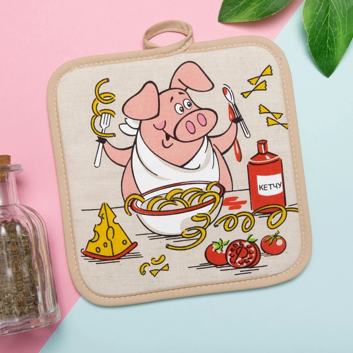 Прихватка полулён "Рецепты Хрюшки" 18х18 см,160 г/м2, 50% лён,50% хлопок, шелкография