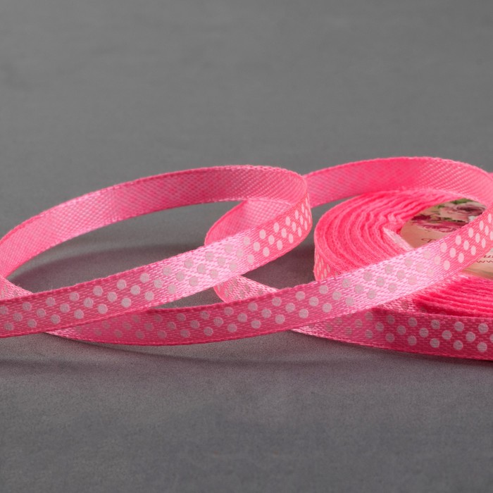 Лента атласная "Горох", 6мм, 23±1м, №05, цвет белый/розовый