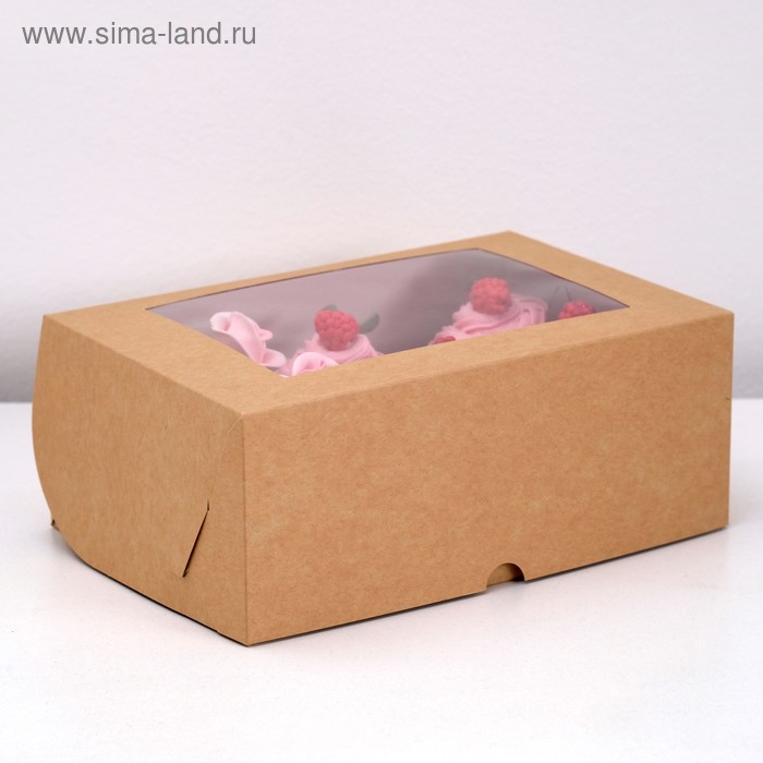 Коробка на 6 капкейков с окном, крафт, 25 х 17 х 10 см коробка на 6 капкейков с окном белая 25x17x10 см в упаковке шт 5