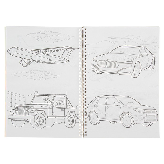 Супер-раскраска А4, 32 листа на гребне "Автомобили, авиация, военная техника"