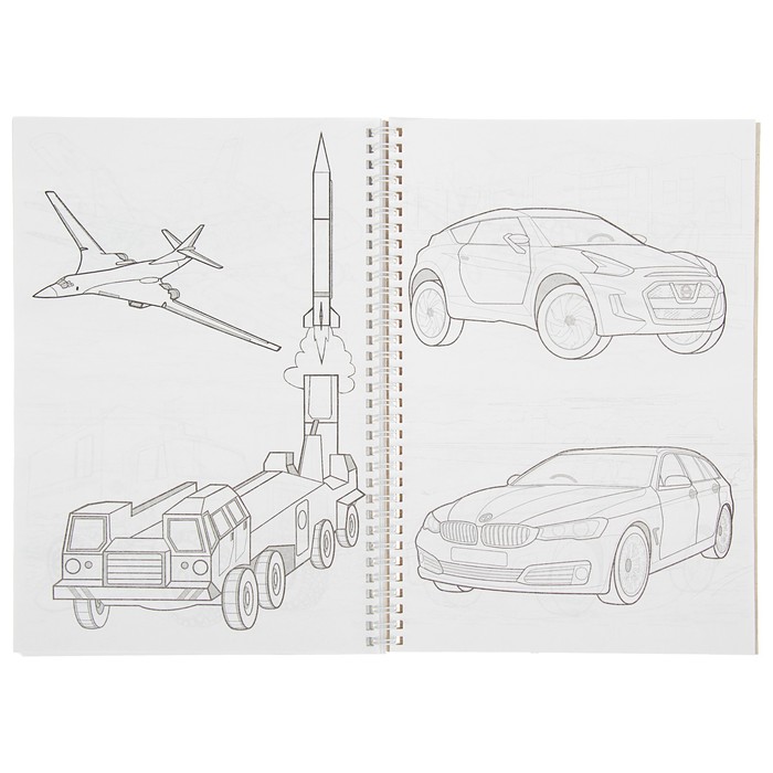 Супер-раскраска А4, 32 листа на гребне "Автомобили, авиация, военная техника"