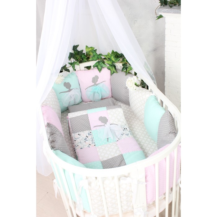 Комплект в кроватку "Танцующие балерины", 6 предметов, цвет мятно-розовый