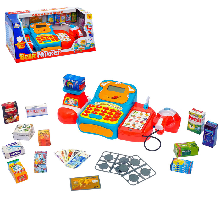 Касса-калькулятор "Мишкин магазин" со сканером и аксессуарами, световые и звуковые эффекты