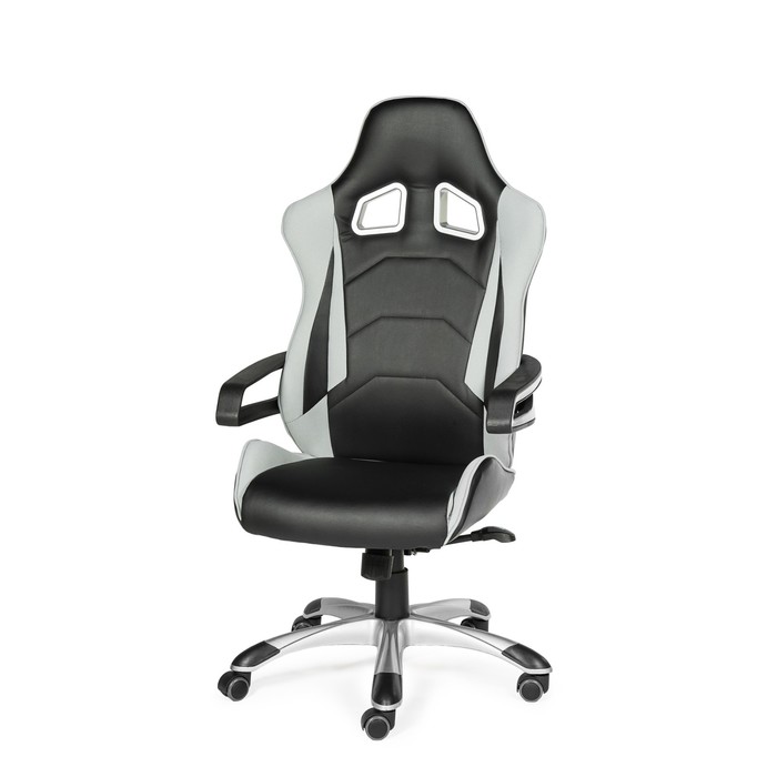 Кресло офисное "Джокер Х", чёрно-белый пластик, чёрная экокожа, серая ткань