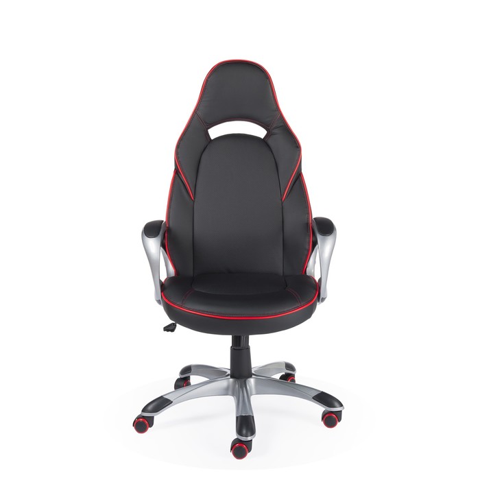 Кресло офисное "Мустанг Х", серый пластик, чёрная экокожа, красная строчка