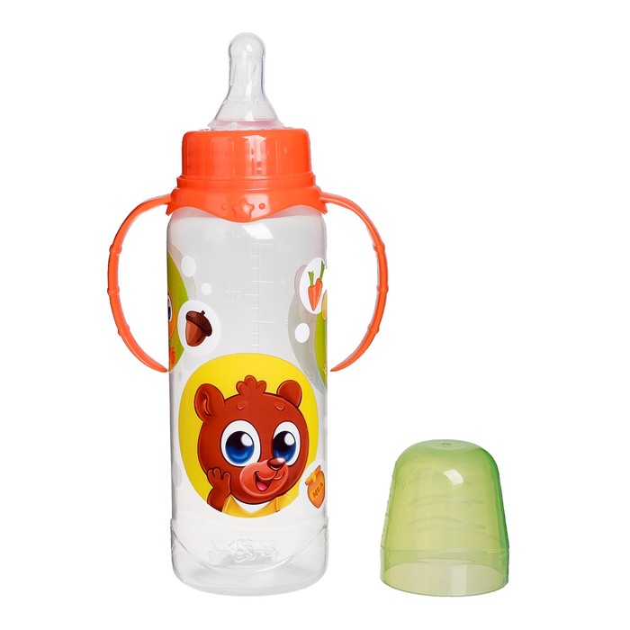 Бутылочка для кормления «Лесные малыши» детская классическая, с ручками, 250 мл, от 0 мес., цвет оранжевый