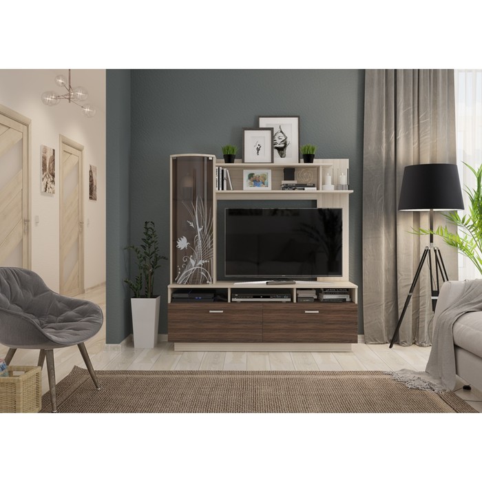 Стенка-мини Афина, 1404х382х1452, Ясень шимо светлый/Олива шоколад