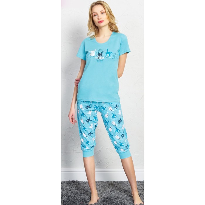 Комплект женский (футболка, капри) Зайки 707029 6131 цвет бирюзовый, р-р 46 (M)