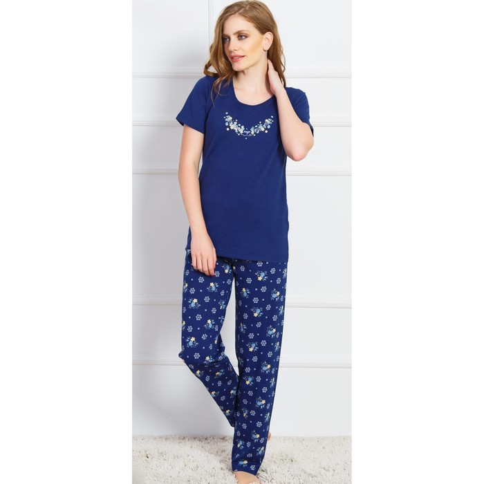 Комплект женский (футболка, брюки) Цветы 707005 0839 цвет тёмно-синий, р-р 46 (M)