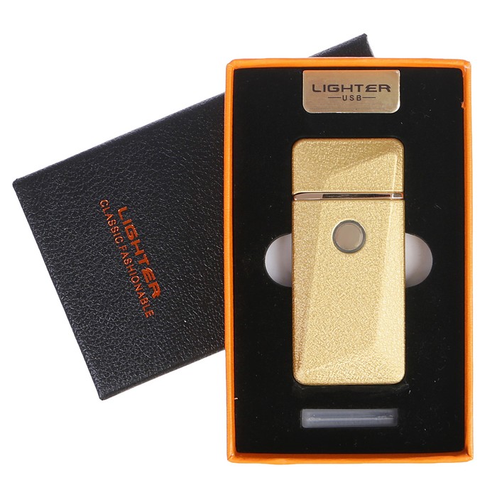 Зажигалка электронная, спираль, USB в комп-те, золотая с выпуклым рисунком, 7.5х12 см