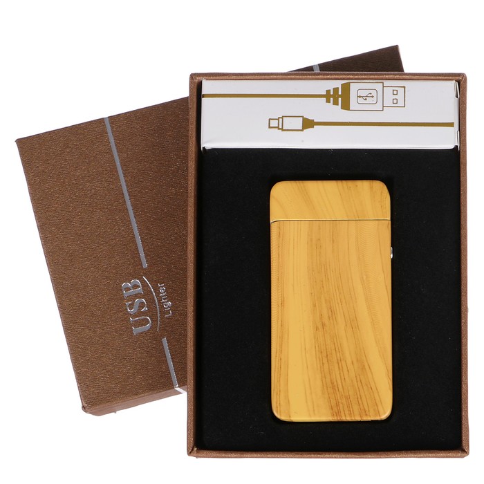 Зажигалка электронная, одна дуга, USB в комп-те, бежевая под дерево, 7.5х12 см