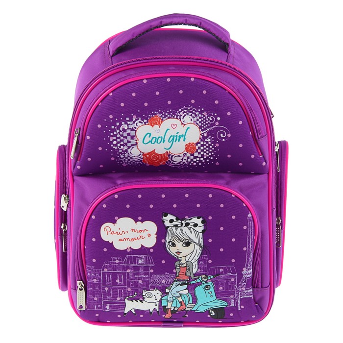 Рюкзак каркасный BagFashion 36*34*17 660 дев "Девочка на мото", фиолетовый