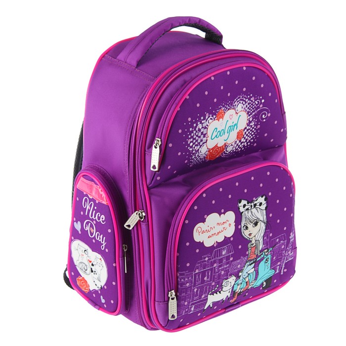 Рюкзак каркасный BagFashion 36*34*17 660 дев "Девочка на мото", фиолетовый