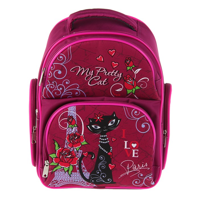 Рюкзак каркасный BagFashion 36*34*17 660 дев "Кошка черная", бордо