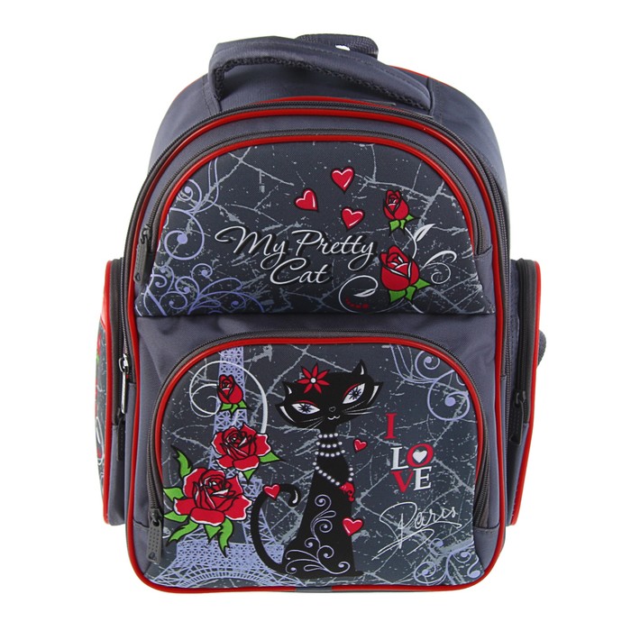 Рюкзак каркасный BagFashion 36*34*17 660 дев "Кошка черная", серый