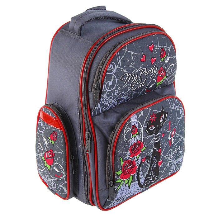 Рюкзак каркасный BagFashion 36*34*17 660 дев "Кошка черная", серый