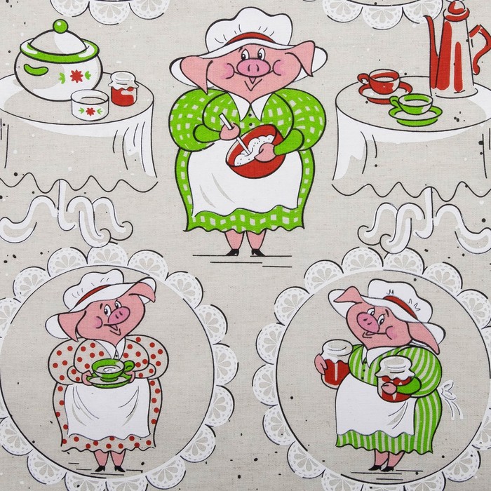 Кухонный набор "Хрюшки бабушки " (полотенце 45х60,прихватка 18х18) 160 г/м2, 50% лён,50% хл