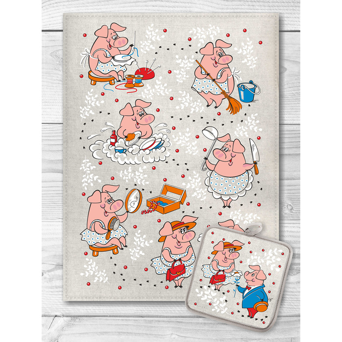 Кухонный набор "Хрюшкин день" (полотенце 45х60,прихватка 18х18) 160 г/м2, 50% лён,50% хлопок