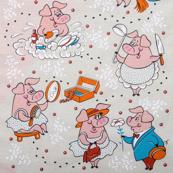 Кухонный набор "Хрюшкин день" (полотенце 45х60,прихватка 18х18) 160 г/м2, 50% лён,50% хлопок