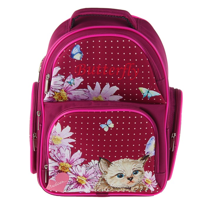 Рюкзак каркасный BagFashion 36*34*17 660 дев "Котик лежит в цветах", бордо