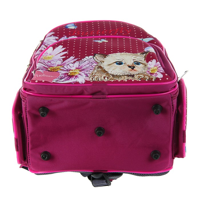 Рюкзак каркасный BagFashion 36*34*17 660 дев "Котик лежит в цветах", бордо