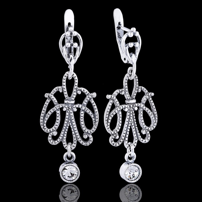 Серьги "№15", цвет белый в чернёном серебре