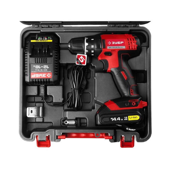 Дрель-шуруповерт "ЗУБР" ДА-14.4-2-Ли КМ2, 14.4 В, 1.5 Ач, 1350 об/мин, БЗП 0.8-10 мм
