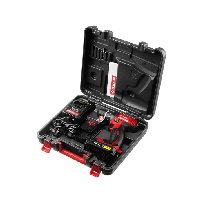 Дрель-шуруповерт "ЗУБР" ДА-14.4-2-Ли КНМ2, 14.4 В, Li-Ion, 2х1.5 Ач, 350/1350 об/мин, кейс