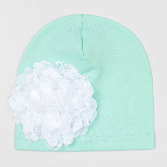 Шапка детская "Цветочек" мятная с белым цветком, р-р 52, 100% хл, интерлок