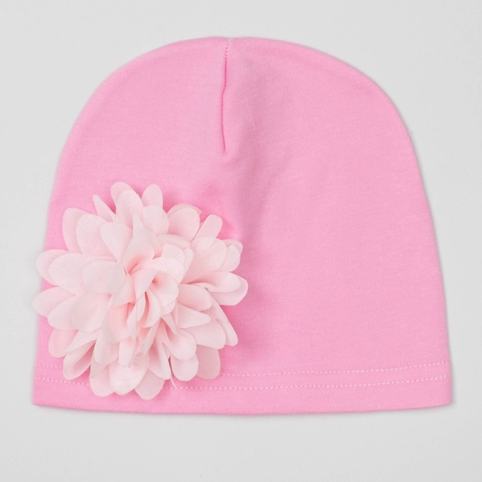 Шапка детская "Цветочек" розовая с пудровым цветком, р-р 52, 100% хл, интерлок