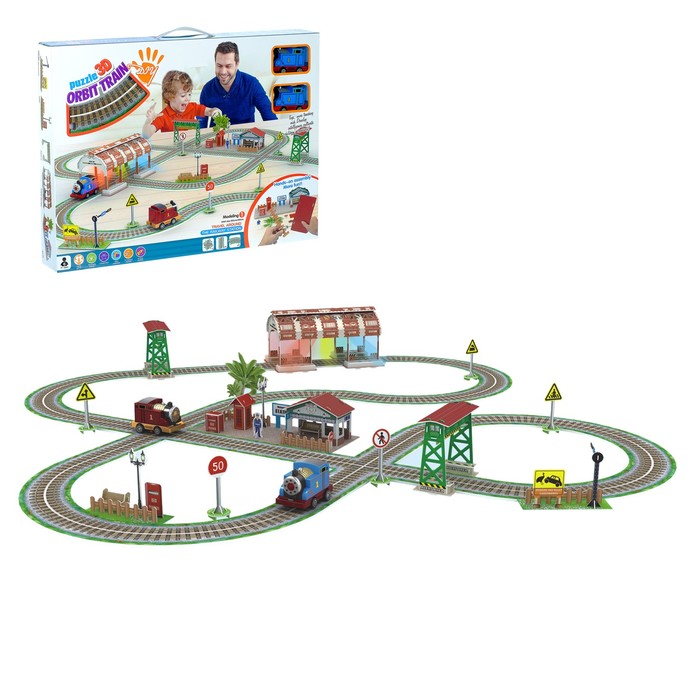 Автотрек - пазл "Станция", с 2 паровозами, работает от батареек