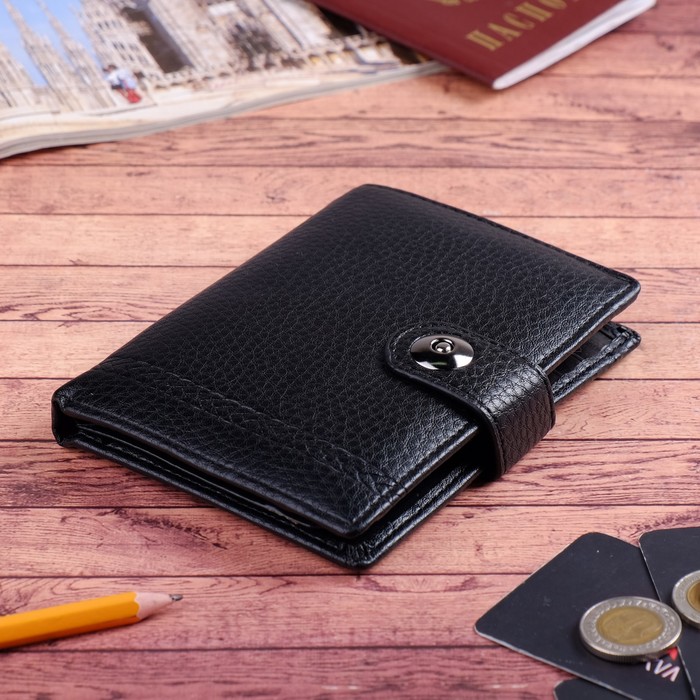 Портмоне мужское 2 в 1, для автодокументов, 2 отдела, для кредиток, для монет, цвет чёрный