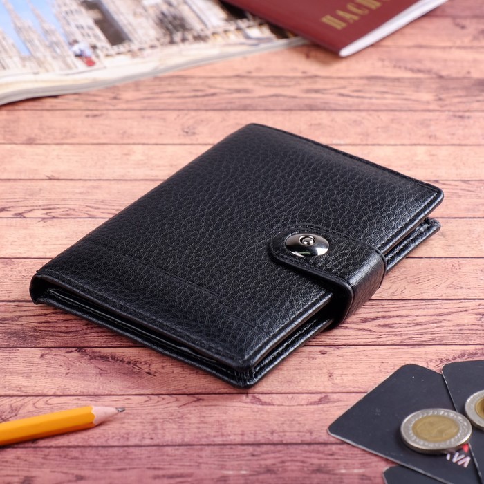 Портмоне мужское 2 в 1, для автодокументов, 2 отдела, для кредиток, для монет, цвет чёрный