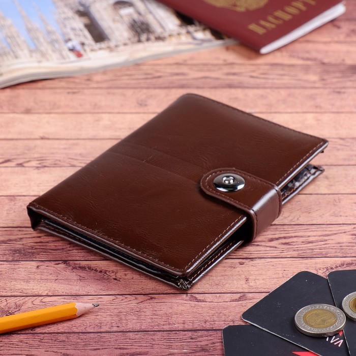Портмоне мужское 2 в 1, для автодокументов, 2 отдела, для кредиток, для монет, цвет коричневый