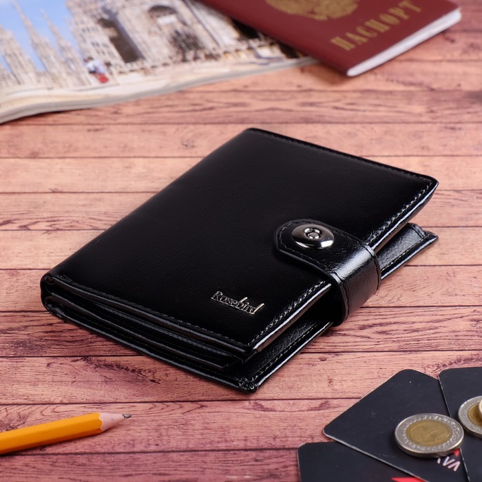 Портмоне мужское 3 в 1, для автодокументов, для паспорта, 2 отдела, для монет, для карт, цвет чёрный
