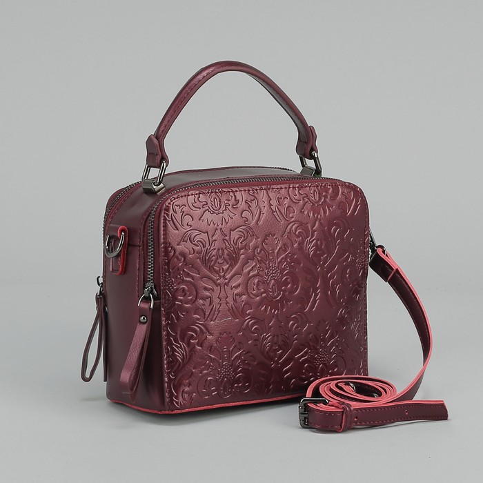 Сумка женская, 2 отдела на молниях, наружный карман, длинный ремень, цвет бордовый