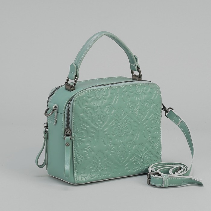 Сумка женская, 2 отдела на молниях, наружный карман, длинный ремень, цвет мятный