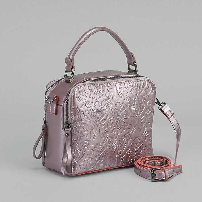 Сумка женская, 2 отдела на молниях, наружный карман, длинный ремень, цвет розовый перламутровый